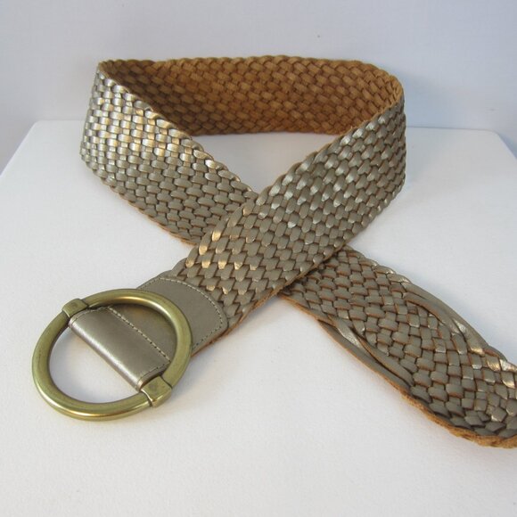 NEW Ann Taylor Women S Metallic Gold Woven Leather Wide Belt Ring Buckle main image 4